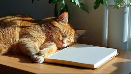 Poster - An orange tabby cat sleeping peacefully with closed eyes on a wooden surface next to an open book and a plant. Soft sunlight creates shadows