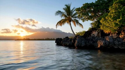 Aufkleber - Scenic sunset view over a tropical lagoon featuring palm tree on a rocky outcrop and a mountain silhouette. Calm water reflects the sky