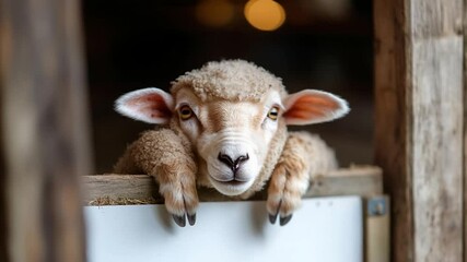 Aufkleber - A cute lamb peering over a wooden structure. The lamb has light brown fur and is framed by a white and brown background. Soft lighting highlights the lamb's features and creates a warm atmosphere