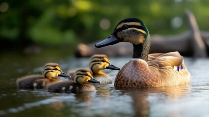 Poster - A mother duck with three ducklings swimming in a serene lake. The ducks have brown and yellow feathers. Green background with natural lighting