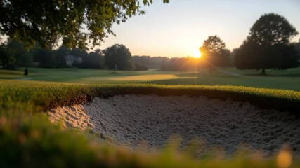 Poster - Golf club swings over sand trap towards fairway at sunset with sun rays through the trees