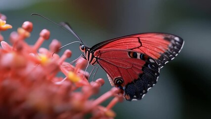 Poster - Close-up shot of a butterfly with vibrant red wings perched on a cluster of pink flowers. The background is blurred enhancing focus on the insect