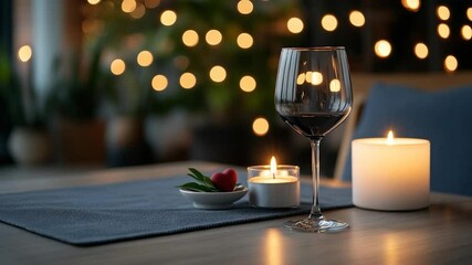 Poster - Romantic scene with a glass of red wine and lit candles on a table. Features a heart-shaped decoration and blurred bokeh lights in the background creating a warm atmosphere