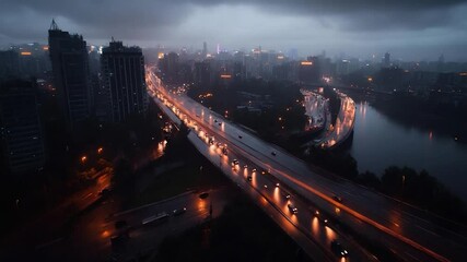 Aufkleber - An aerial shot of a cityscape at dusk with a highway and a river reflects lights from vehicles and buildings