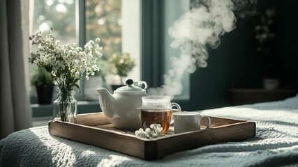 Aufkleber - Aesthetic composition featuring a wooden tray with a teapot teacup and white flowers on a bed by the window. Steam rising from the tea creates a cozy and relaxing atmosphere