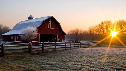 Leinwandbilder - A structure stands in a field with frost-covered grass and a fence during sunrise. Bare trees are visible in the background, and the sky is a gradient of yellow and orange