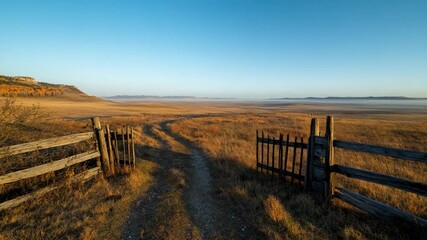 Poster - A scenic landscape featuring a path leading through a field towards distant mountains. Wooden fence frames the view under a blue sky. Peaceful outdoor setting