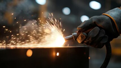 Aufkleber - Close-up of gloved hand welding metal with sparks in an industrial setting showcasing craftsmanship and focused work. Features bright sparks and intense heat