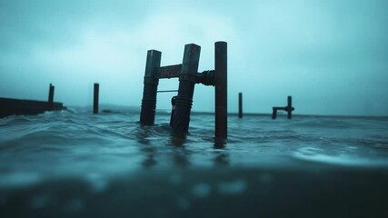 Poster - Dramatic seascape featuring weathered pier pilings submerged in turbulent teal water against a cloudy sky evocative of a storm with moody lighting and waves