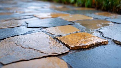 Poster - Close-up view of wet stone path in shades of grey and brown. The stone is reflecting the light from above creating a wet surface. Grass in the background