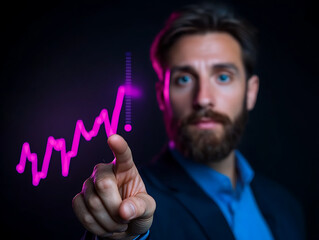 Poster - Business Professional Demonstrating Upward Trend in Stock Market Analysis During Evening Meeting