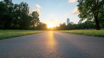 Poster - Low angle view of a road in park at sunset with golden light on the asphalt and silhouette of trees. City skyline in background