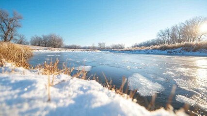 Aufkleber - A serene winter landscape featuring a partially frozen river under a clear blue sky. Sunlight glistens on the water and snow-covered foreground with trees in background