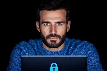 Poster - Focused Man Working on Laptop With Cybersecurity Symbols in a Dark Environment While Sitting at a Desk