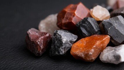 Fototapete - Close-up of various gemstones with diverse shapes and colors on a black surface with soft lighting