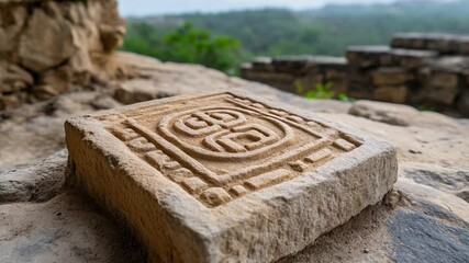 Leinwandbilder - Close-up of a carved stone tablet with an intricate design sitting atop a rocky surface against a blurred background of greenery and stone structures. The lighting is natural and soft emphasizing the