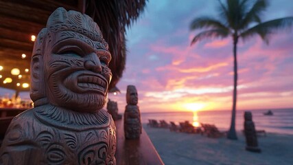 Aufkleber - Generic statue on a wooden bar at sunset with vibrant orange pink and purple hues palm trees and beach chairs creating a tropical atmosphere