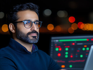 Poster - Focused Professional Analyzing Data at Night With a Laptop in an Urban Setting