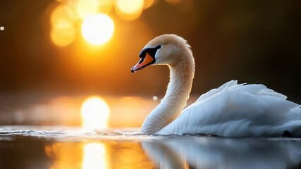 Aufkleber - Elegant swan swimming in golden water at sunset with blurred bokeh lights. Serene scene with reflection and soft focus, capturing tranquility and natural beauty