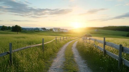 Poster - Scenic countryside dirt road flanked by wooden fences and fields of green grass leading to a distant settlement illuminated by the warm glow of a sunset