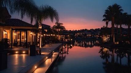 Poster - Evening waterfront scene showcasing a calm lake reflecting the sunset and illuminated buildings alongside palm trees. Warm light and the sky create a serene atmosphere
