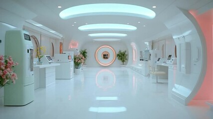 Poster - Futuristic interior with white walls and floors featuring a central circular design and plants and other machines  in pastel green and white tones