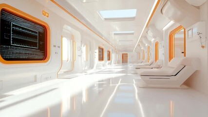 Aufkleber - Futuristic interior corridor with white walls orange accents and chairs bright glossy floor and embedded display screens. Perspective view with strong sunlight and modern design