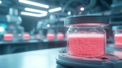 Leinwandbilder - Close-up of a glowing red liquid in a glass jar on a futuristic lab platform in a sterile environment. The background shows blurred laboratory equipment in blue tones