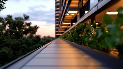 Poster - Low angle view of a modern building balcony at dusk Green plants on the side with reflection on the wooden floor. Evening sky background