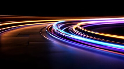 Poster - Abstract illustration of neon light trails in motion against a dark backdrop. The curves and streaks of light create a dynamic and futuristic visual with vibrant colors and a sense of speed