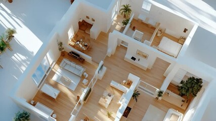 Poster - Top view of a modern house interior with wooden floor white walls and furniture. Rooms are furnished with sofa dining table and kitchen. The layout includes bedroom living room and bathroom