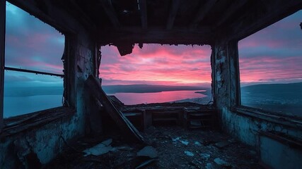 Aufkleber - A dramatic sunset framed by a dilapidated building's broken windows with vibrant pink and blue hues over water and distant hills