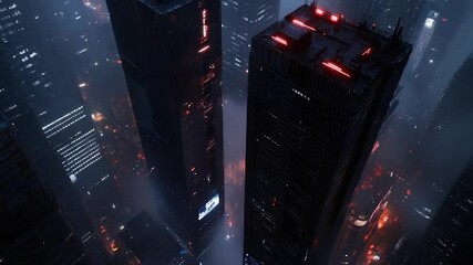 Aufkleber - Aerial view of a futuristic cityscape with tall skyscrapers glowing red and dark blue lights in a dense urban environment