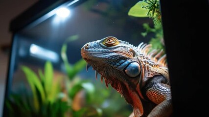 Poster - Close-up of animal's head with focus on eye and texture inside a vivarium. Green plants and a bright spotlight create depth and contrast. Naturalistic setting
