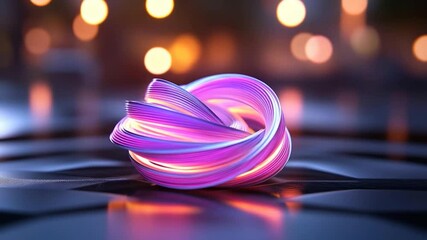 Leinwandbilder - Abstract 3D knot composed of vibrant colorful ribbons with a blurred bokeh background on a dark surface. Featuring purple pink and orange colors