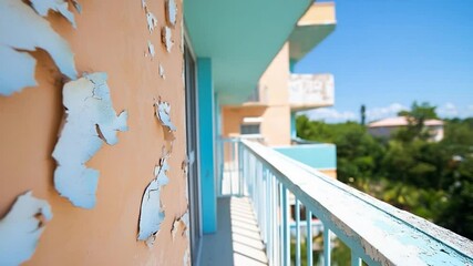 Leinwandbilder - Close up of weathered building exterior with peeling paint in shades of orange blue and teal Sunny balcony view with vibrant sky