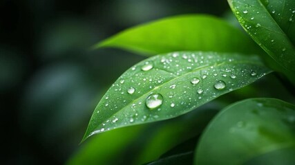 Leinwandbilder - Close up shot of lush green leaves with water droplets creating a serene, natural environment. Focus on the details of plant life. Natural, soft lighting