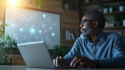 Poster - Thoughtful professional man in glasses working on laptop with futuristic whiteboard in the background using new technology in modern office environment