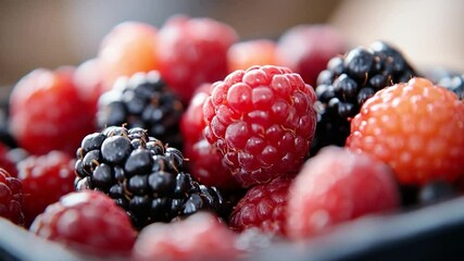 Poster - Close-up of vibrant red berries, with a shallow depth of field. The shot highlights the textures and colors of the fresh, ripe berries