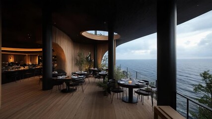 Aufkleber - Modern dining space overlooking the water featuring wood tables and chairs with moody lighting