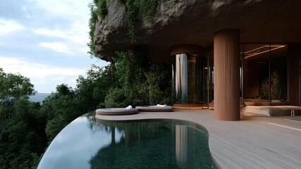 Poster - Luxurious cliffside retreat with infinity pool reflecting the surrounding greenery and architectural elements. Modern design with natural materials, glass enclosure, and integrated lighting. Serene