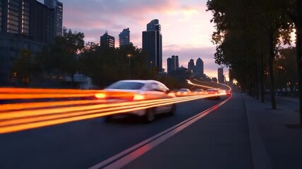 Aufkleber - Urban scene with car light trails at dusk featuring city skyscrapers road trees and sunset sky