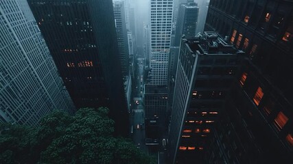Poster - High angle cityscape view with skyscrapers in a foggy setting. Dark teal toned buildings with warm lit windows contrasting with dark teal trees