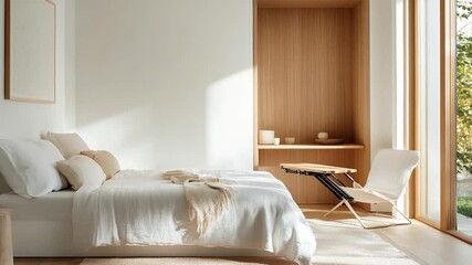 Aufkleber - Minimalist bedroom interior in natural light with white bedding and wooden accents including built in shelf, chair, side table and large window