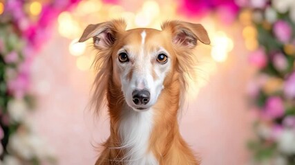Aufkleber - Portrait of a dog with brown and white fur with flower bokeh background and soft lighting