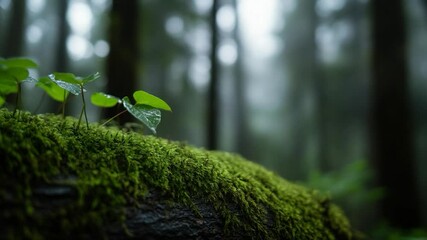 Poster - Close-up of vibrant green moss and small plants on a fallen log against a blurred forest background. The scene captures nature's tranquility. Raindrops adds a gentle touch to the lush growth