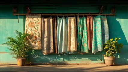 Poster - Colorful fabrics hanging on a turquoise wall with potted plants creates a vibrant scene in the sun light. The various patterns and colors add visual interest to the composition