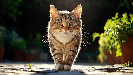 Aufkleber - A tabby cat walking towards the camera outdoors. It is a front view with sunlight in the background and greenery on both sides. The cat has a white chest and a curious look