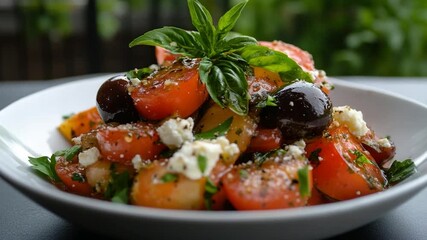 Poster - Close-up shot of a fresh tomato salad with basil olives and feta cheese. Seasoning falling over the salad