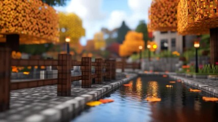 Poster - Autumn scene with a stream flowing through a town square surrounded by orange and yellow pixelated trees reflections and fall leaves floating in the water